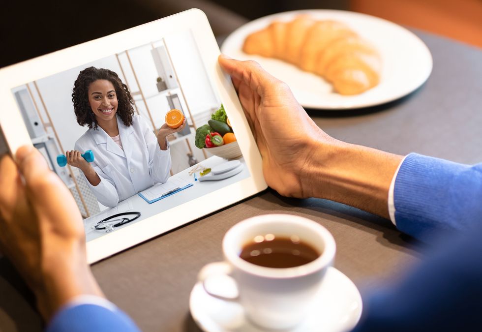 black dietologist doctor lady consulting patient online via video call on digital tablet unrecognizable man having web conference with nutrition specialist, discussing diet plan, creative collage