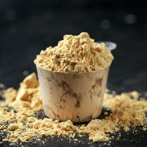 scoop of pea vegan protein powder on dark rustic background sport nutrition