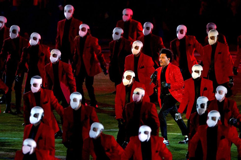 tampa, florida   february 07 the weeknd performs during the pepsi super bowl lv halftime show at raymond james stadium on february 07, 2021 in tampa, florida photo by kevin c coxgetty images