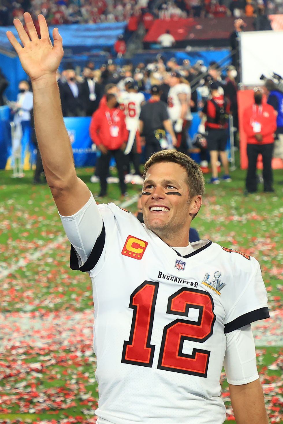 tampa, florida   february 07 tom brady 12 of the tampa bay buccaneers signals after winning super bowl lv at raymond james stadium on february 07, 2021 in tampa, florida photo by mike ehrmanngetty images