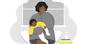 vector flat concept problem of maternity   how to keep calm and mental health tired african american mother cries she holds baby on hands mom feels emotional stress, anxiety, postpartum depression