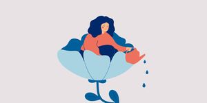 a happy woman sits in the flower and waters it smiling girl cares about herself and her future concept of love yourself and a healthy lifestyle vector illustration