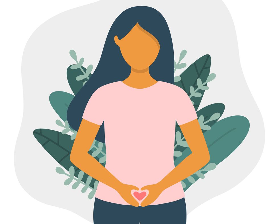 woman with heart shaped hands on belly flat vector illustration isolated on white background womans abdomen health concept