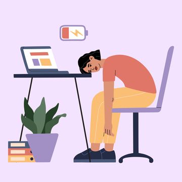 woman tired of hard working, sleepy at work, girl at office sits by the table with laptop and procrastinating, unhappy person overworked, needs battery recharge modern trendy illustration, flat style