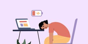 woman tired of hard working, sleepy at work, girl at office sits by the table with laptop and procrastinating, unhappy person overworked, needs battery recharge modern trendy illustration, flat style