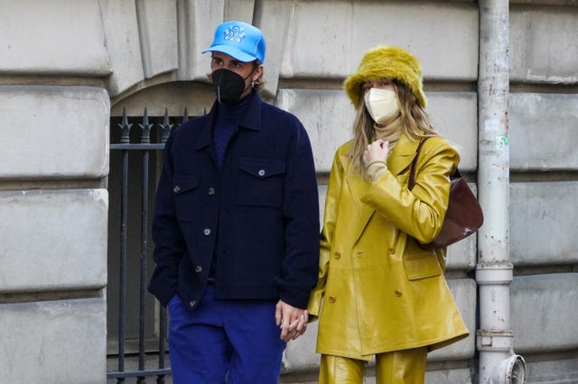 paris, france   february 28 singer justin bieber and wife hailey baldwin bieber are seen strolling near les invalides on february 28, 2021 in paris, france photo by marc piaseckigc images