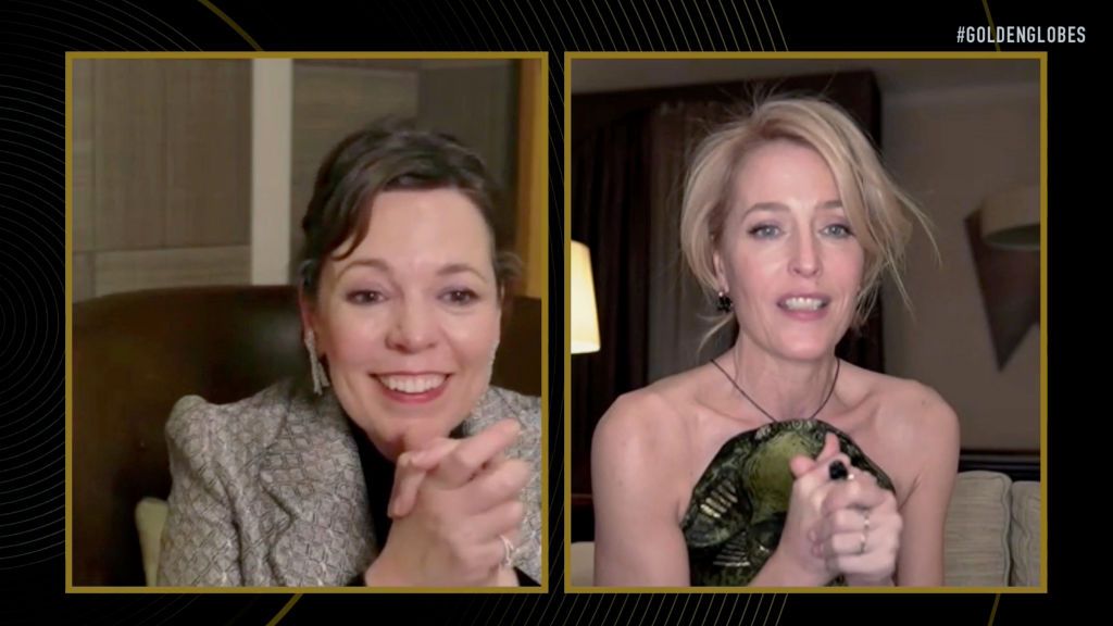unspecified 78th annual golden globe awards    pictured in this screengrab released on february 28, l r olivia colman and gillian anderson, winner of best performance by an actress in a supporting role in a series, limited series or motion picture made for television for “the crown”, speak during the 78th annual golden globe awards broadcast on february 28, 2021    photo by nbcnbcu photo bank via getty images