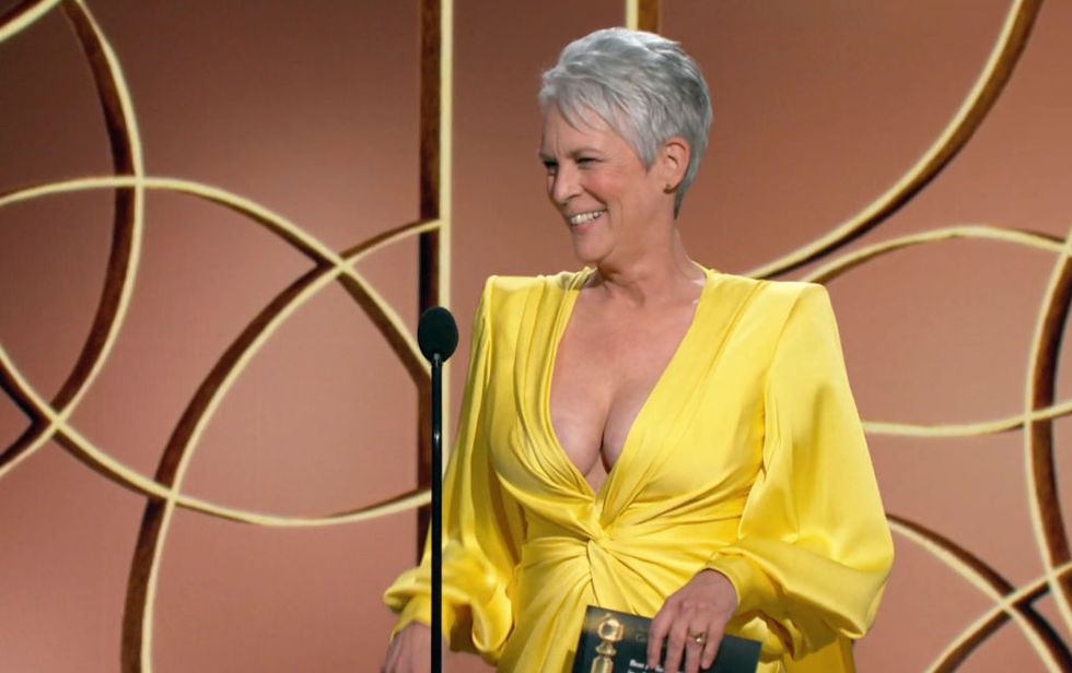 unspecified 78th annual golden globe awards    pictured in this screengrab released on february 28, l r jamie lee curtis speaks onstage at the 78th annual golden globe awards broadcast on february 28, 2021     photo by nbcnbcu photo bank via getty images