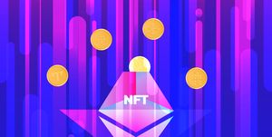 vector illustration banner with ntf coins and volcano nonfungible  unique cryptocurrency bright background horizontal format