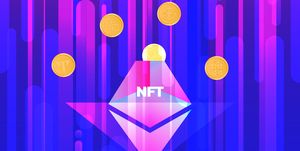 vector illustration banner with ntf coins and volcano nonfungible  unique cryptocurrency bright background horizontal format