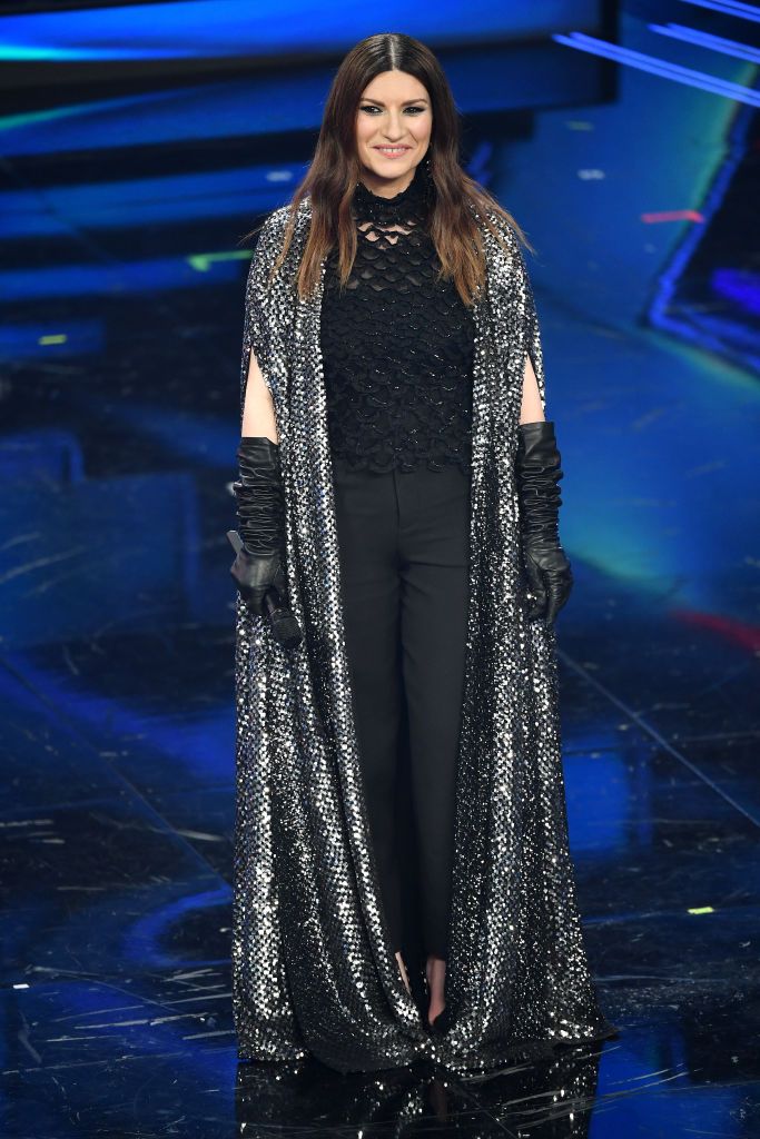 sanremo, italy   march 03  laura pausini is seen on stage at the 71th sanremo music festival 2021 at teatro ariston on march 03, 2021 in sanremo, italy photo by jacopo raule  daniele venturelligetty images