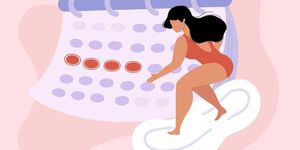 women in underweare or swimsuit surfing on a large pad period problems concept female period protection website, article, print sticker girl having period, premenstrual syndrome, pms, menstruation