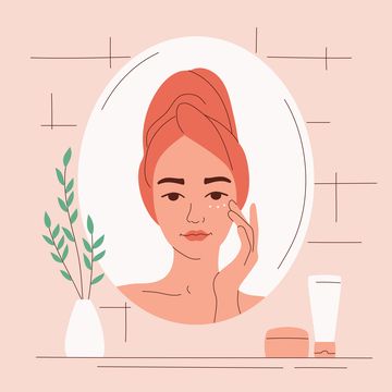 a young woman in the bathroom looks in the mirror and cares for her face with cream daily skin hydration anti aging procedure clean healthy skin vector illustration square composition