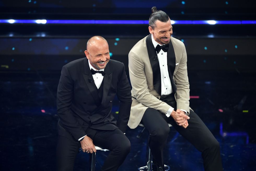 sanremo, italy   march 04  siniša mihajlović and zlatan ibrahimović are seen on stage during the 71th sanremo music festival 2021 at teatro ariston on march 04, 2021 in sanremo, italy photo by jacopo m raulegetty images