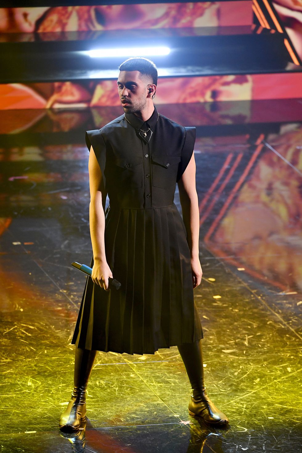 sanremo, italy   march 05 mahmood is seen on stage during the 71th sanremo music festival 2021 at teatro ariston on march 05, 2021 in sanremo, italy photo by jacopo raule  daniele venturelligetty images
