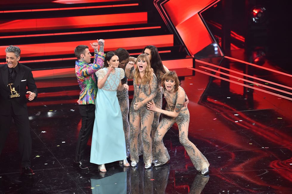 sanremo, italy   march 06 fedez, francesca michielin and maneskin are seen on stage during the 71th sanremo music festival 2021 at teatro ariston on march 06, 2021 in sanremo, italy photo by jacopo raule  daniele venturelligetty images