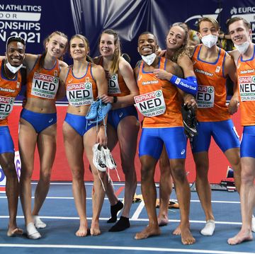 torun, poland   march 07 men and women from team netherlands pose for a photo following the 4 x 400 metres women and the 4 x 400 metres men finals during the second session on day 3 of the european athletics indoor championships at arena torun on march 07, 2021 in torun, poland sporting stadiums around poland remain under strict restrictions due to the coronavirus pandemic as government social distancing laws prohibit fans inside venues resulting in games being played behind closed doors photo by adam nurkiewiczgetty images