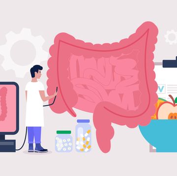 proctology, coloproctology concept young man checks intestine colorful flat vector illustration