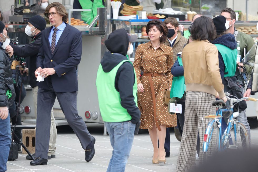 milan, italy   march 11 adam driver and lady gaga are seen filming house of gucci on march 11, 2021 in milan, italy photo by vittorio zunino celottogetty images