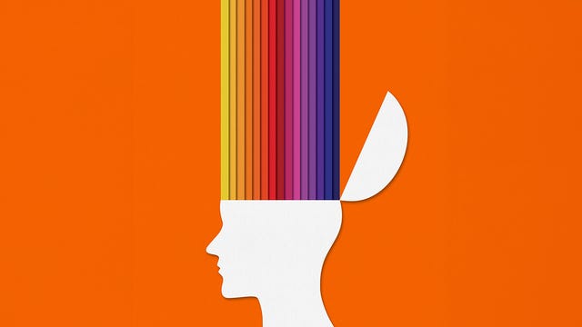 silhouette of a head with colorful vertical stripes representing thoughts or creativity