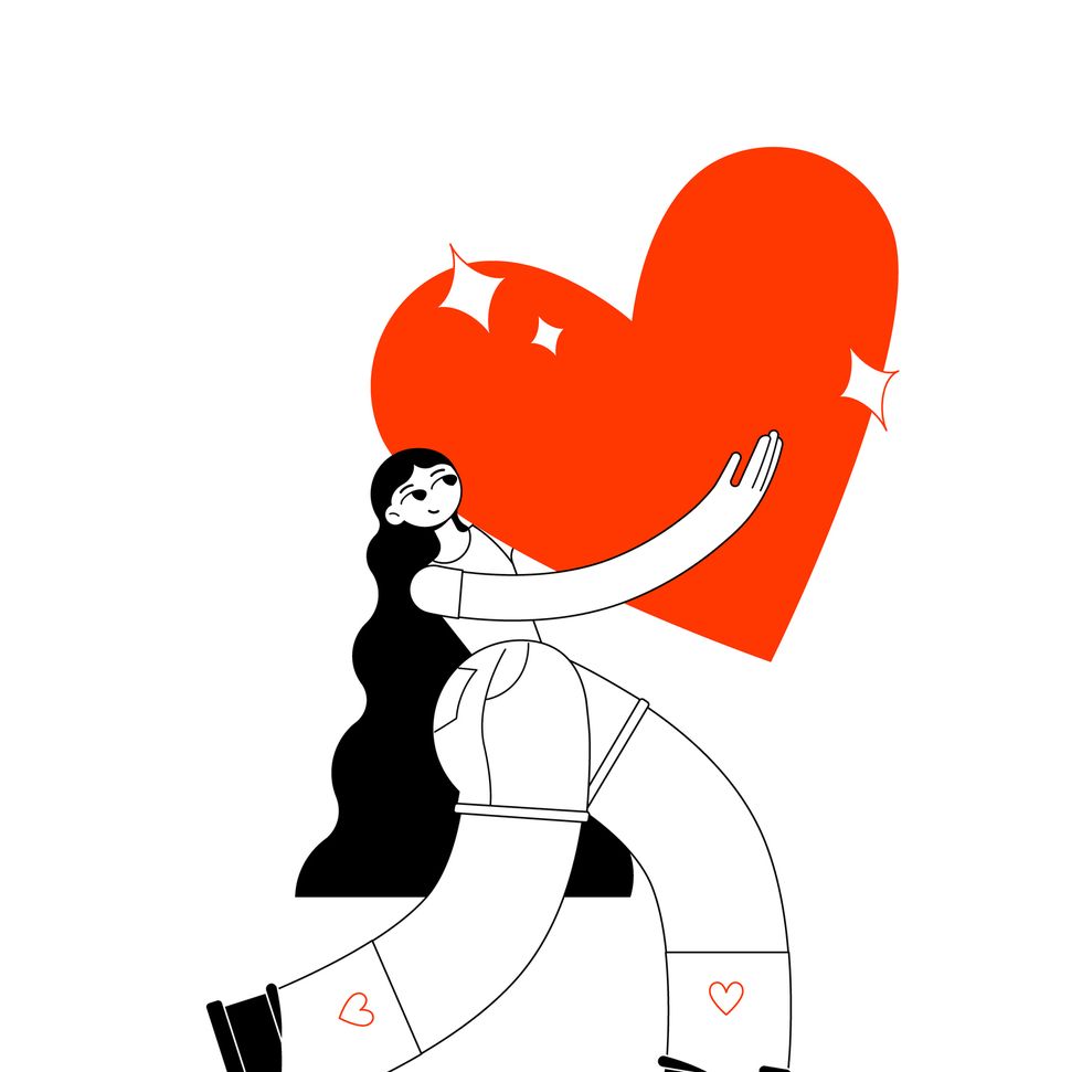 a strong, beautiful woman in sneakers and shorts carries a big red heart in her arms take care and love yourself stylish trendy look flat outline minimalism vector illustration