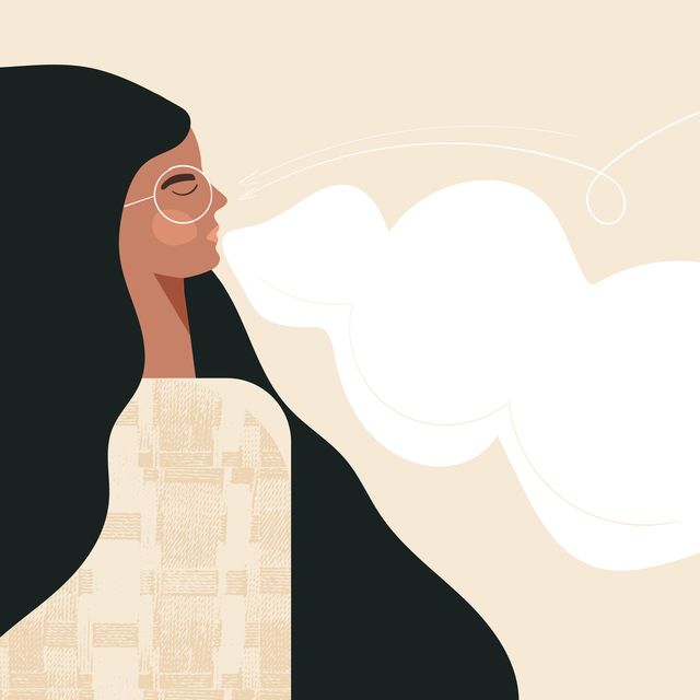 calm breathing woman with closed eyes african american female character practice deep breathing young modern girl doing inhale exhale breath exercise for stress relief flat  cartoon illustration