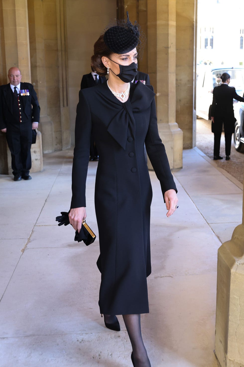 windsor, england   april 17 catherine, duchess of cambridge  during the funeral of prince philip, duke of edinburgh at windsor castle on april 17, 2021 in windsor, england prince philip of greece and denmark was born 10 june 1921, in greece he served in the british royal navy and fought in wwii he married the then princess elizabeth on 20 november 1947 and was created duke of edinburgh, earl of merioneth, and baron greenwich by king vi he served as prince consort to queen elizabeth ii until his death on april 9 2021, months short of his 100th birthday his funeral takes place today at windsor castle with only 30 guests invited due to coronavirus pandemic restrictions photo by chris jacksonwpa poolgetty images