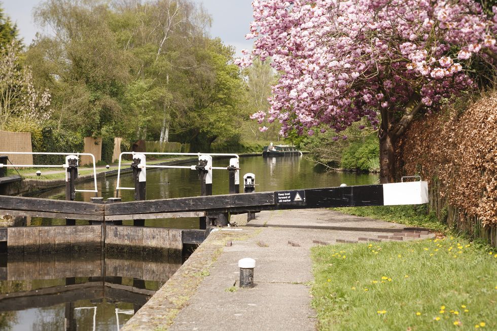 grand union canal canal lock with narrow boat in london green belt landscape uxbridge, london, uk