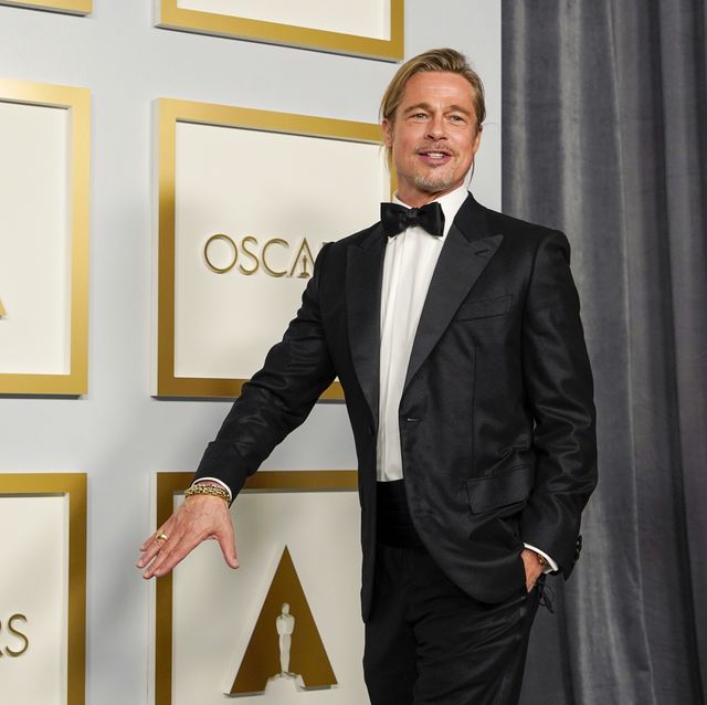 los angeles, california   april 25 brad pitt poses in the press room at the oscars on sunday, april 25, 2021, at union station in los angeles photo by chris pizzello poolgetty images