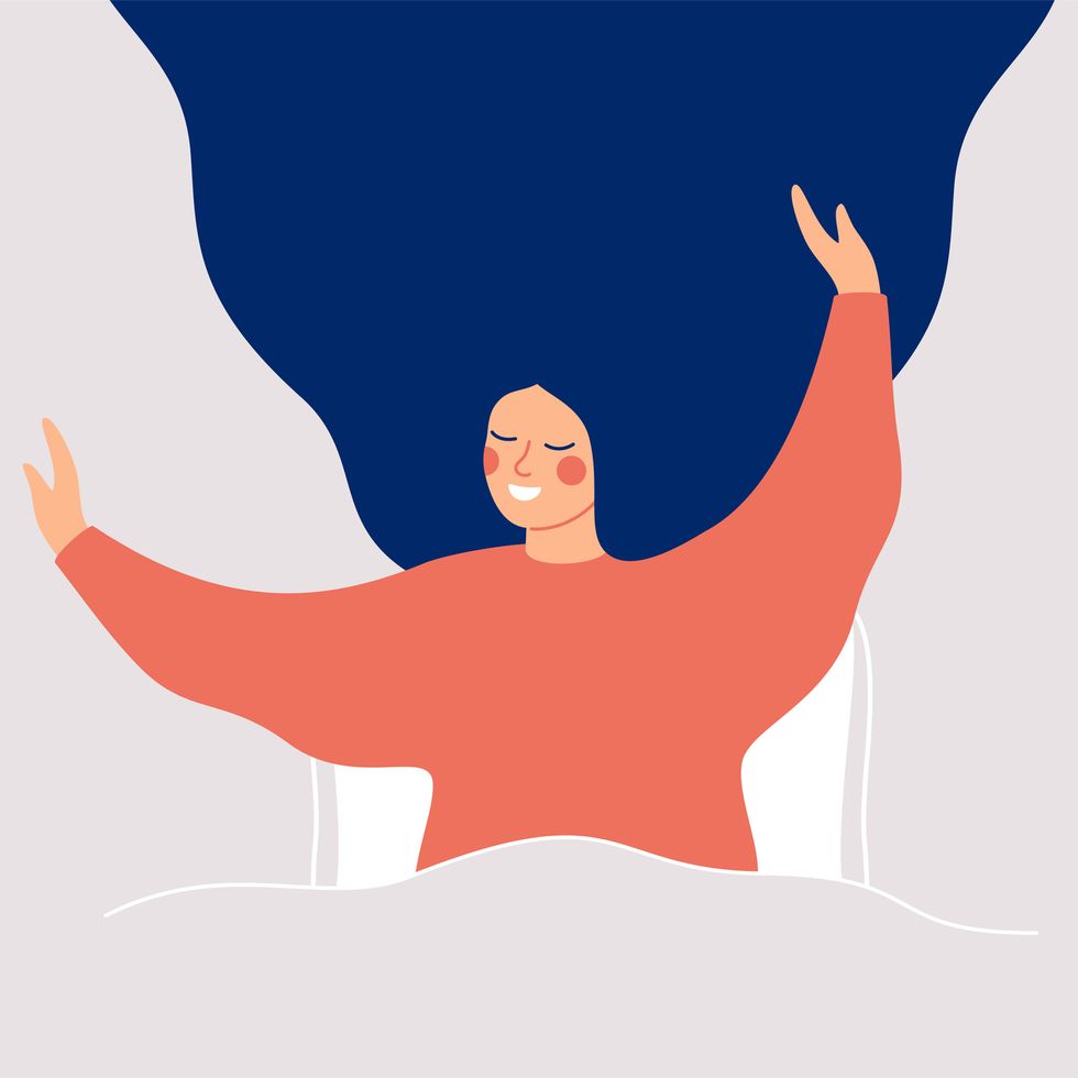 happy girl wakes up and feels good yourself smile woman makes morning stretch in the bed body positive and health care concept vector illustration