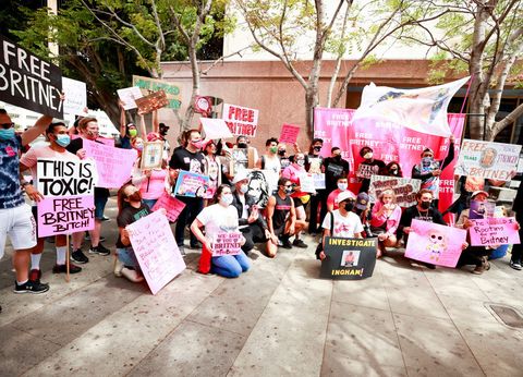 los angeles, california   april 27 freebritney activists protest outside courthouse in los angeles during conservatorship hearing on april 27, 2021 in los angeles, california photo by matt winkelmeyergetty images