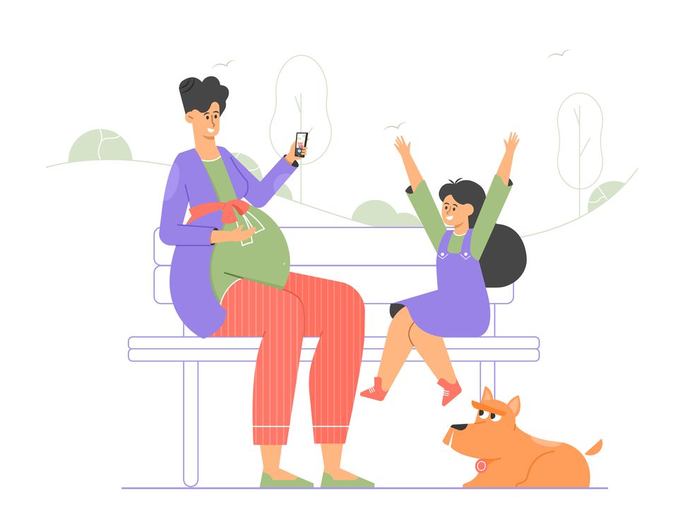 pregnant mommy and her daughter are sitting on a bench in the park the girl waves her hands happily a woman photographs her daughter on a smartphone cute pet dog vector flat illustration