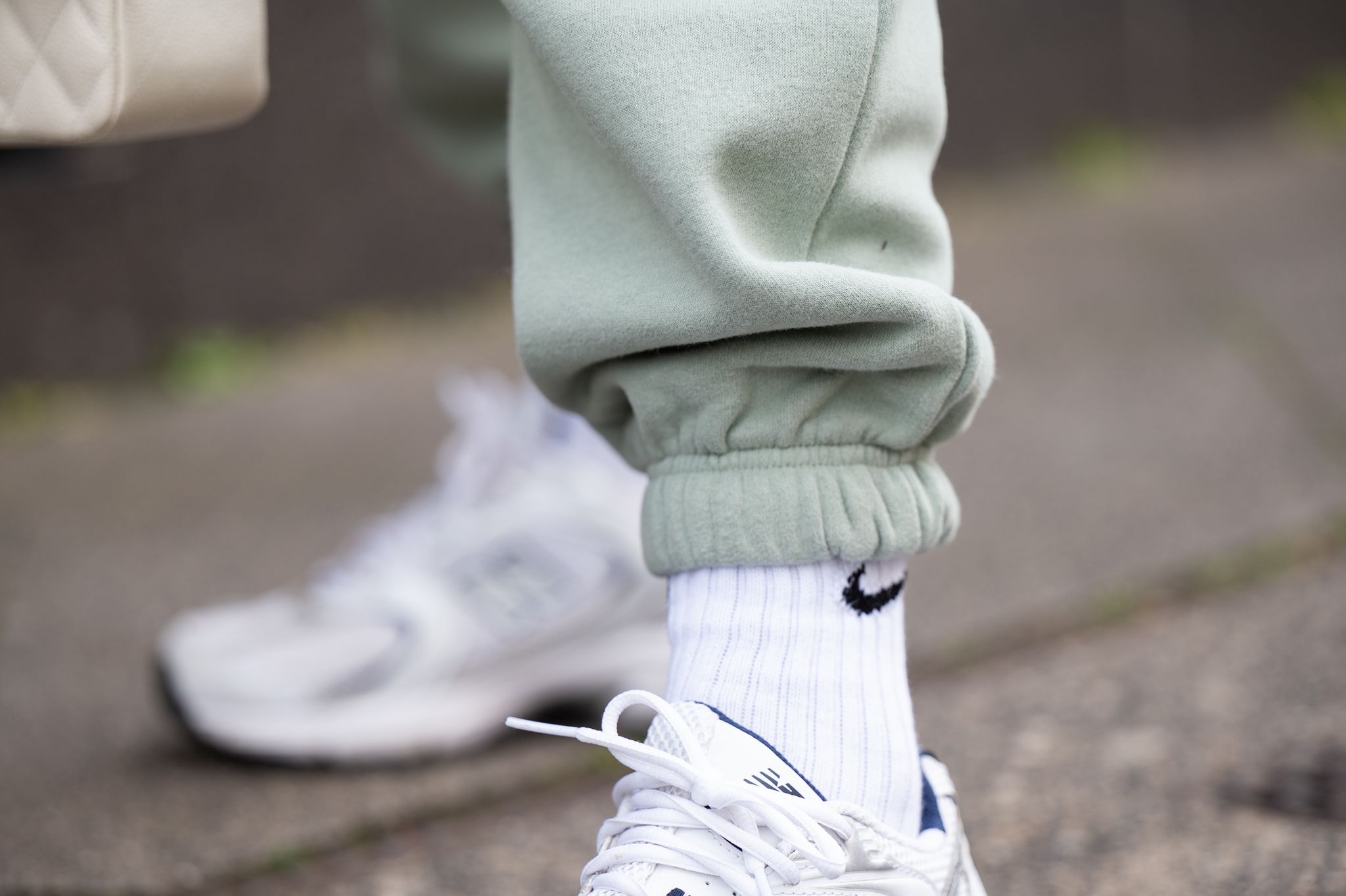 dusseldorf, germany   may 09  cathrina uellner, fashion influencer is seen wearing the julou oversized jogger pants in iceberg green and new balance 530 trainers in white on may 09, 2021 in dusseldorf, germany photo by mathis wienandgetty images