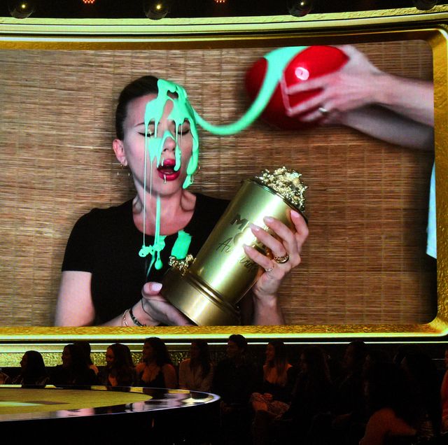 los angeles, california   may 16 honoree scarlett johansson is slimed while accepting the mtv generation award via video during the 2021 mtv movie  tv awards at the hollywood palladium on may 16, 2021 in los angeles, california photo by kevin mazur2021 mtv movie and tv awardsgetty images for mtvviacomcbs