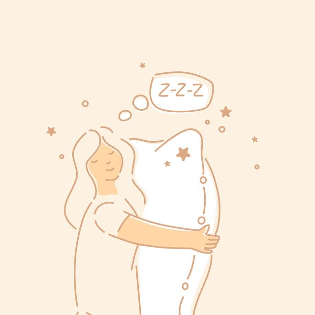 the girl hugs the pillow a young woman stands with her eyes closed and is about to go to bed vector illustration on the theme of recreation and health