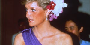 bangkok, thailand   february 04 diana, princess of wales, wearing a red and purple chiffon evening dress designed by catherine walker with silk flowers in her hair, attends a dinner on february 04, 1988 in bangkok, thailand photo by anwar husseingetty images