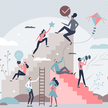 self growth and personal development progress stages tiny person concept reaching for career goals and success vector illustration ambition ladders and potential accomplishment vision for future