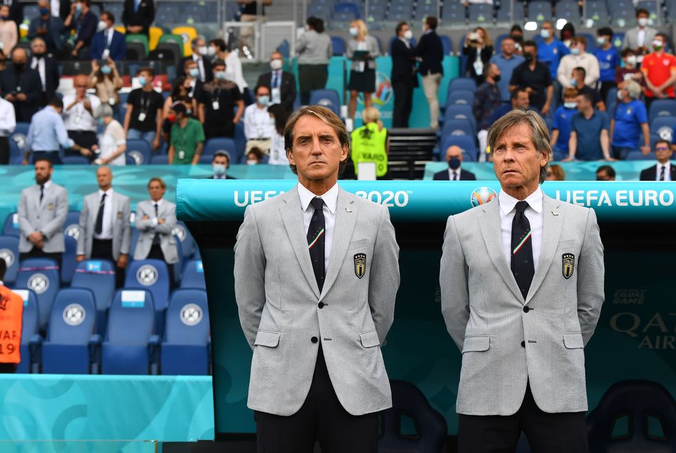 rome, italy   june 20 head coach italy roberto mancini and team manager italy gabriele oriali look on during the uefa euro 2020 championship group a match between italy and wales at olimpico stadium on june 20, 2021 in rome, italy photo by claudio villagetty images