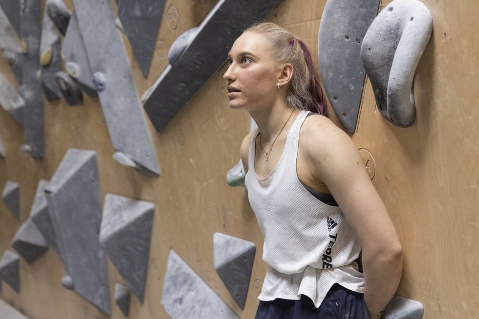 vrhnika, slovenia   june 18 climber janja garnbret look at the problem during her training in climbing gym verd on june 18, 2021 in vrhnika, slovenia the slovenian has dominated sport climbing for the last years and will be favourite to win gold in a competition combining the three sport climbing disciplines   speed, bouldering and lead the 22 years old is the only climber in history to win all the competitions in a bouldering world cup season 2019, and to won 14 world titles 8 world cup series and 6 world championships her  focus now is firmly on the postponed tokyo games which will see sport climbing make its olympic debut photo by maja hitijgetty images
