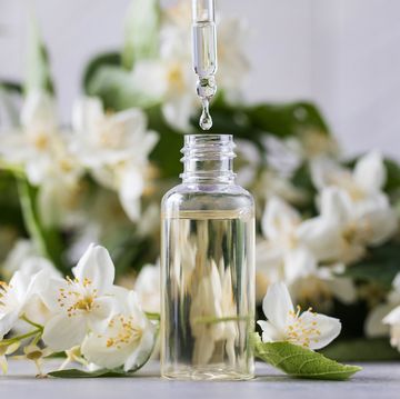 jasmine essential oil in a glass dropper on a background of jasmine flowers high quality photo