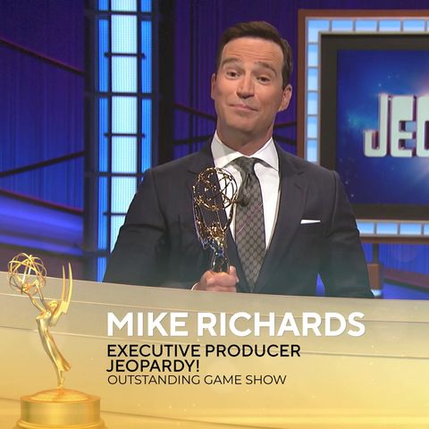 unspecified   june 25 in this screenshot released on june 25, mike richards accepts the award for outstanding game show for jeopardy during the 48th annual daytime emmy awards broadcast on june 25, 2021 photo by daytime emmy awards 2021 via getty images