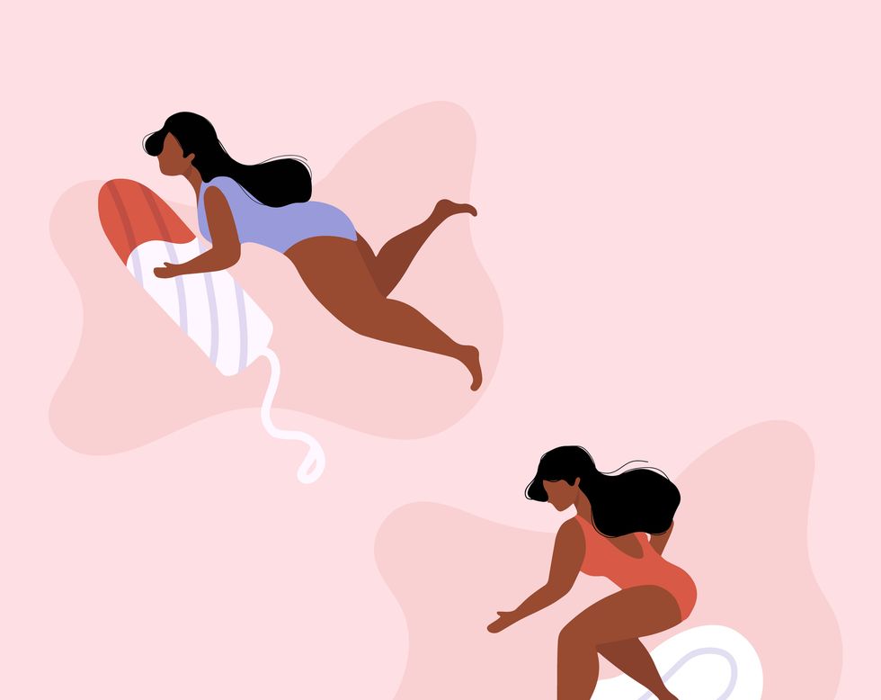 african women in underweare or swimsuit surfing on a pad period problems concept female protection website, article, print sticker girl having period, premenstrual syndrome, pms, menstruation