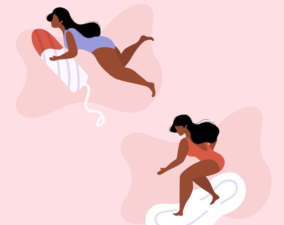 african women in underweare or swimsuit surfing on a pad period problems concept female protection website, article, print sticker girl having period, premenstrual syndrome, pms, menstruation