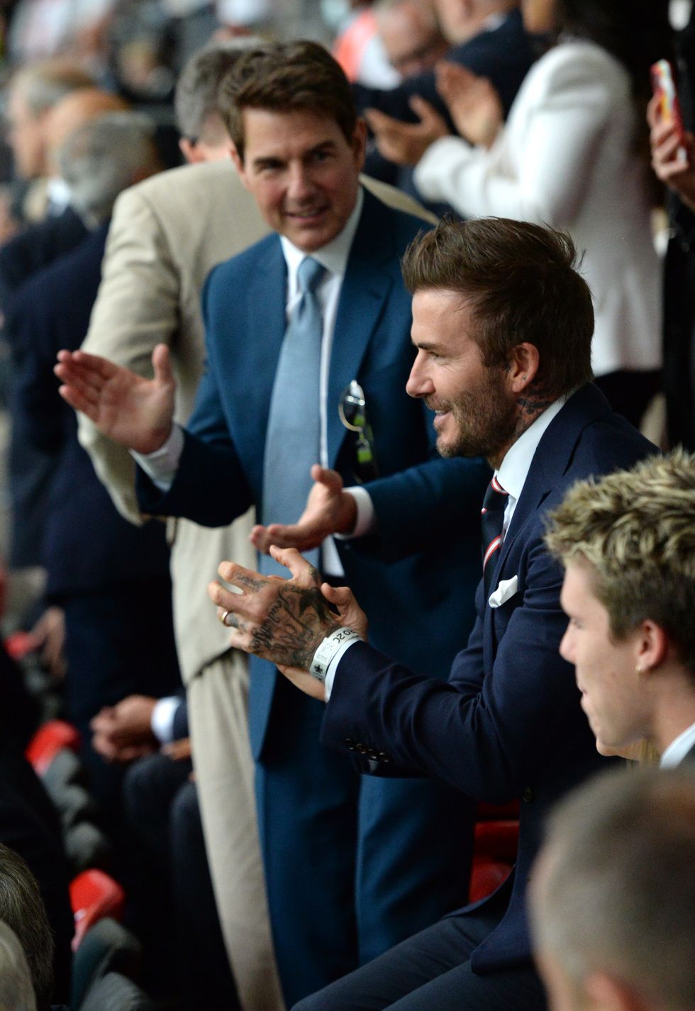 london, england   july 11 former england international david beckham and actor tom cruise applaud prior to during the uefa euro 2020 championship final between italy and england at wembley stadium on july 11, 2021 in london, england photo by eamonn mccormack   uefauefa via getty images