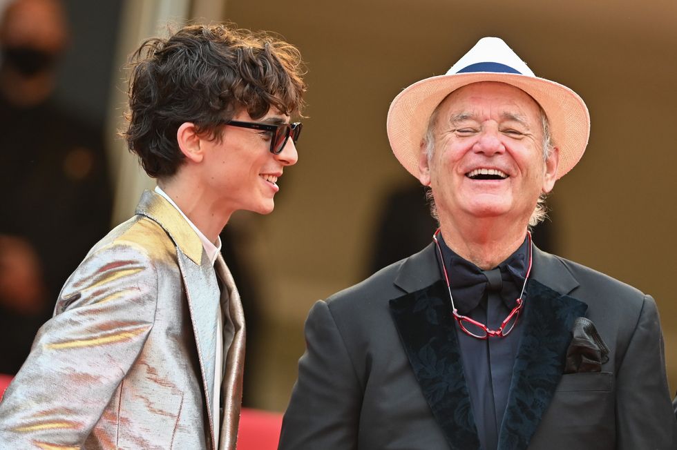 cannes, france   july 12 timothée chalamet and bill murray attend the the french dispatch screening during the 74th annual cannes film festival on july 12, 2021 in cannes, france photo by stephane cardinale   corbiscorbis via getty images