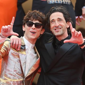 cannes, france   july 12 timothée chalamet and adrien brody attend the the french dispatch screening during the 74th annual cannes film festival on july 12, 2021 in cannes, france photo by stephane cardinale   corbiscorbis via getty images