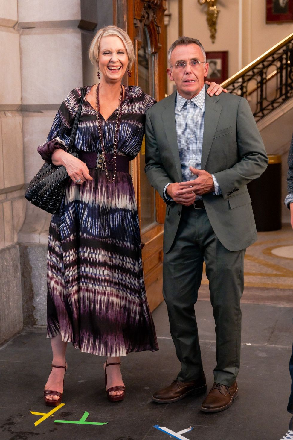 new york, new york   july 23 cynthia nixon l and david eigenberg are seen filming and just like that the follow up series to sex and the city in midtown on july 23, 2021 in new york city photo by gothamgc images