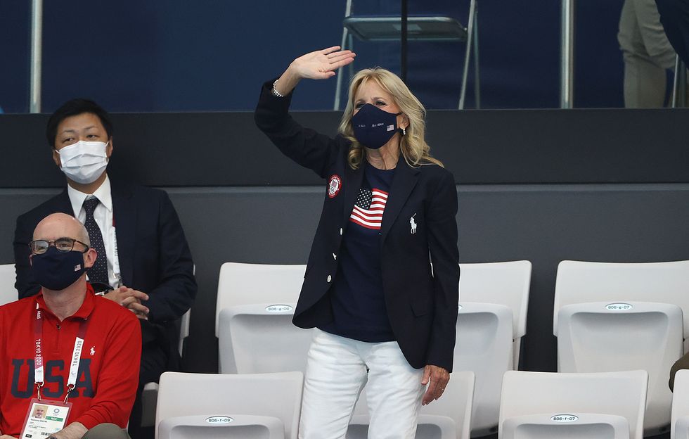 tokyo, japan   july 24 first lady of the united states jill biden is seen on day one of the tokyo 2020 olympic games at tokyo aquatics centre on july 24, 2021 in tokyo, japan photo by ian macnicolgetty images