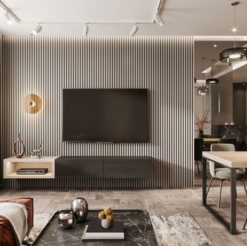large tv screen on the modern wall with panelling render