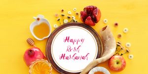 happy rosh hashanah jewish new year holiday concept with traditional symbols